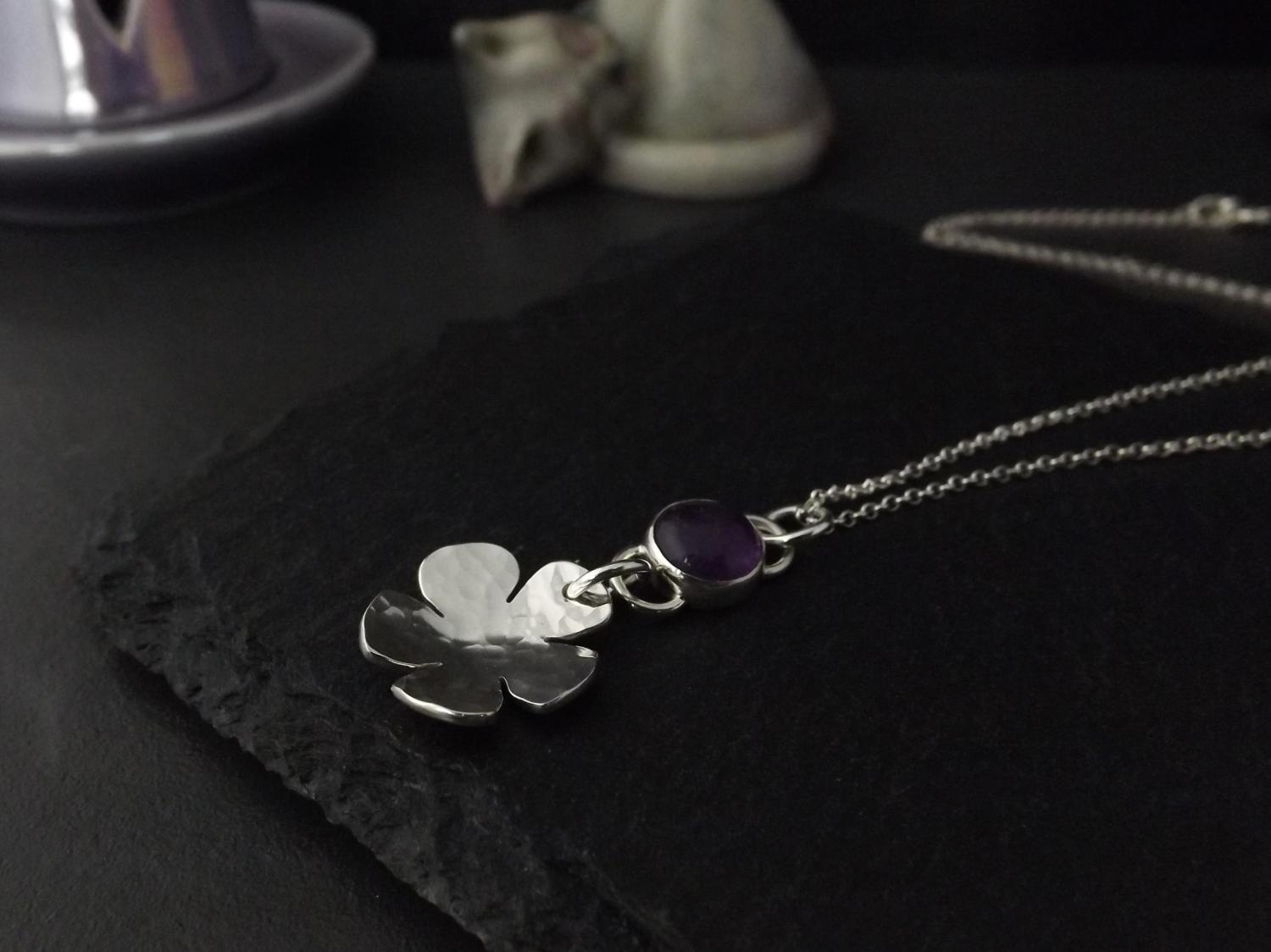 Amethyst and Flower Hammered Silver Pendant Necklace
