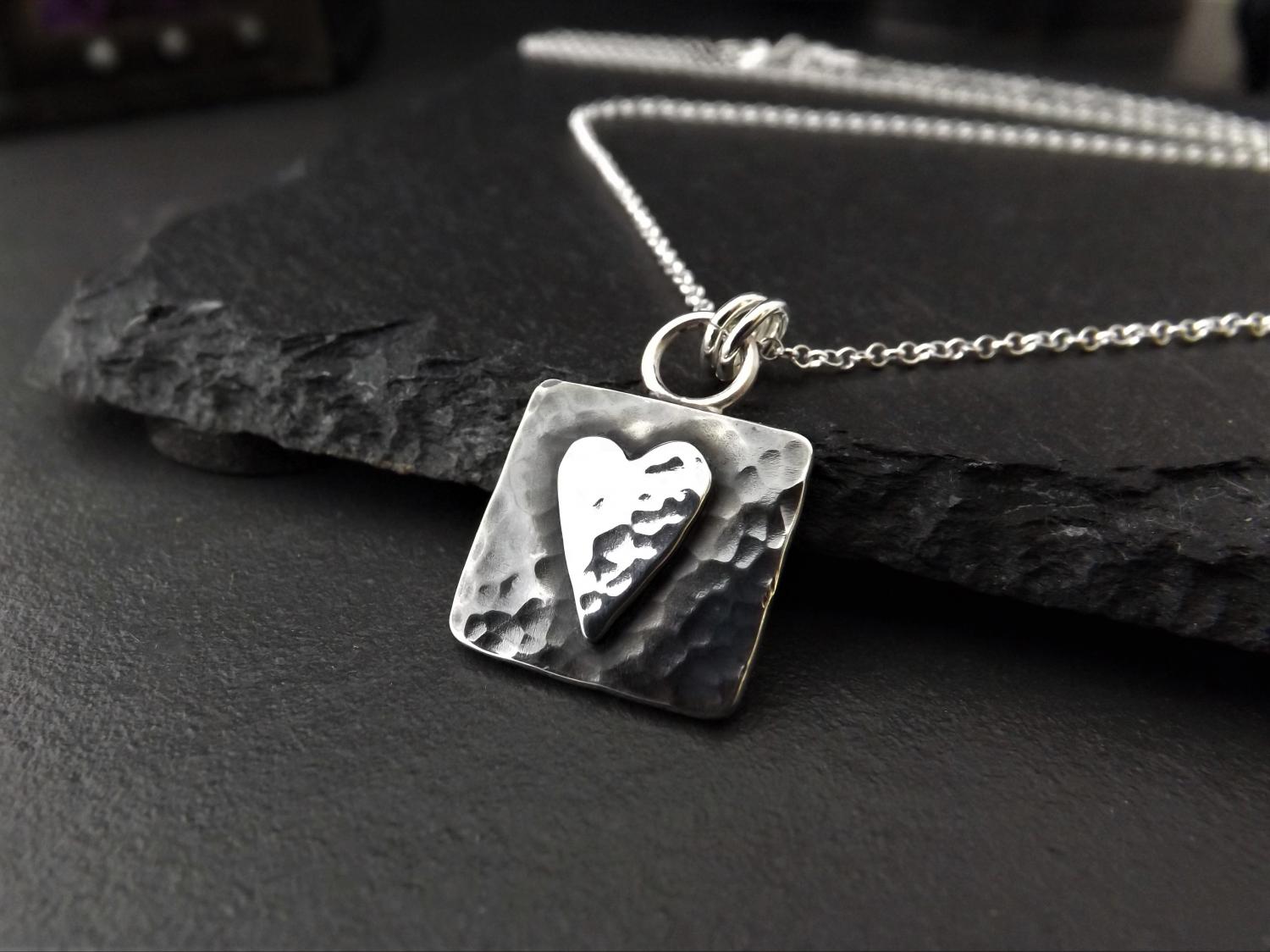 Hammered Heart on Square Silver Pendant Necklace