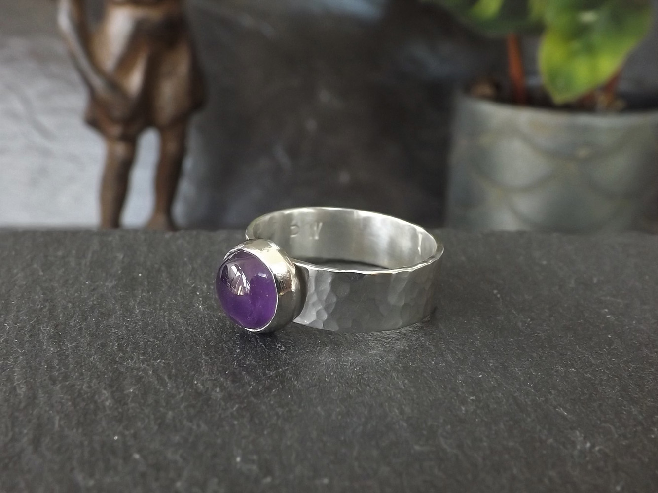 Amethyst Hammered Silver Wide Ring size O