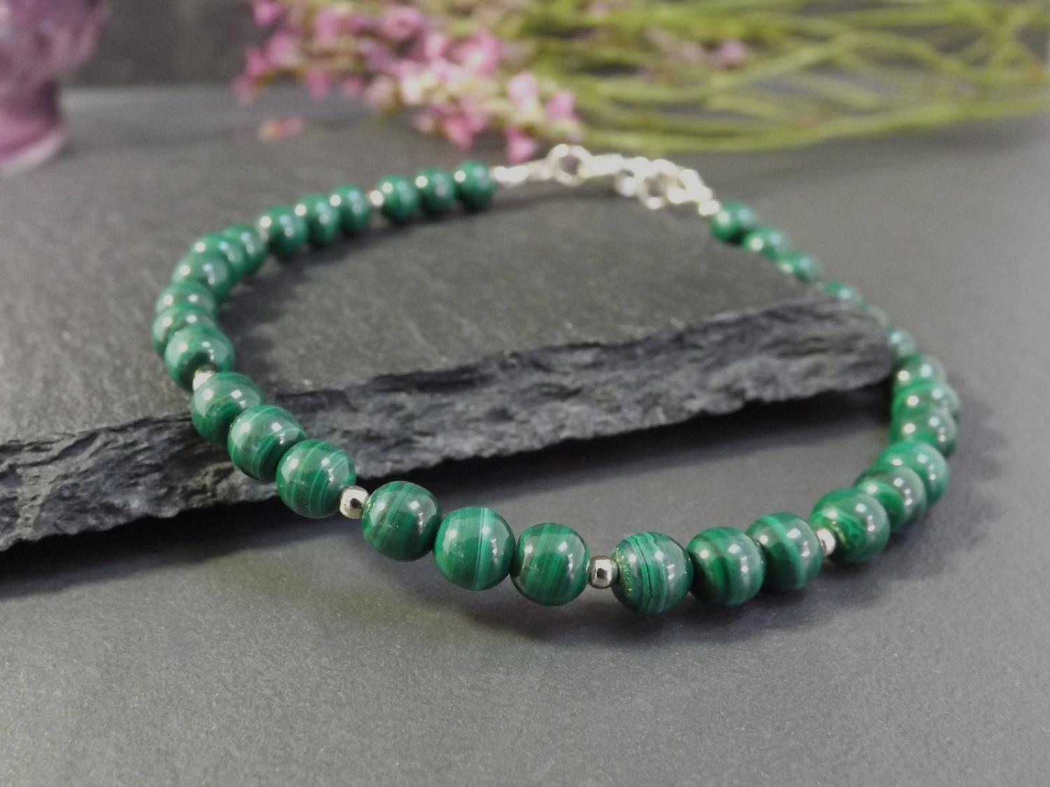Malachite Silver Bead Bracelet