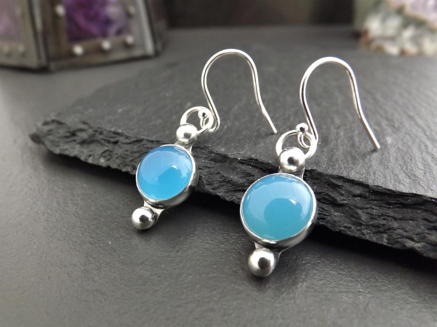 Blue Chalcedony Dangly Silver Earrings