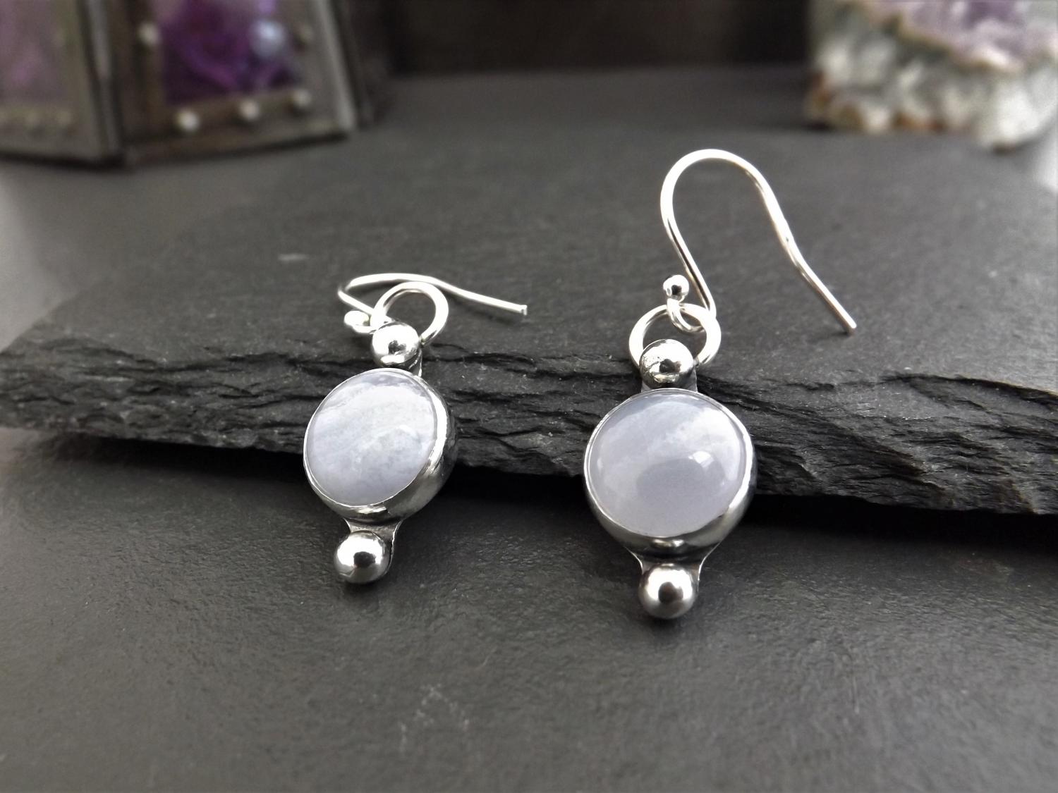 Blue Lace Agate Dangly Silver Earrings