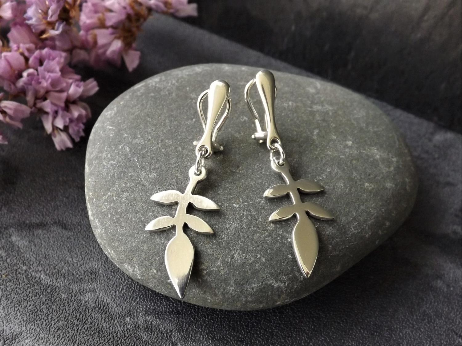 Jasmine Leaf Silver Dangly Clip-On Earrings