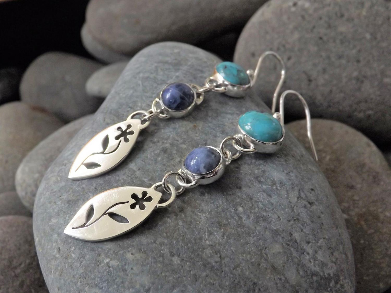 Trailing Jasmine Silver Turquoise & Blue Sodalite Dangly Earrings