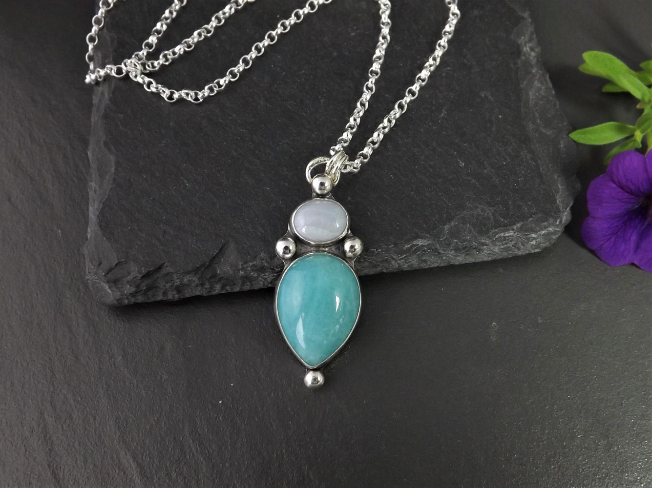 Gothic Silver Pendant with Large Teardrop Peruvian Amazonite & Oval Blue Lace Agate on chunky 16