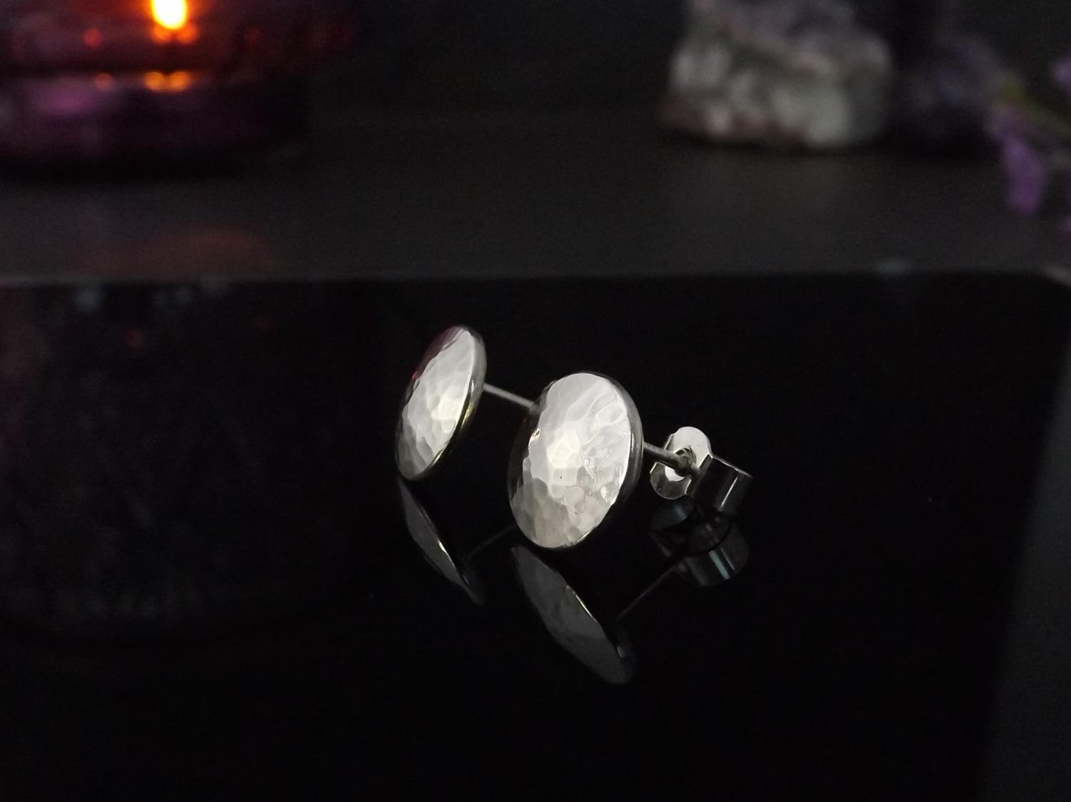 Moon Studs, Domed Hammered Silver Stud Earrings