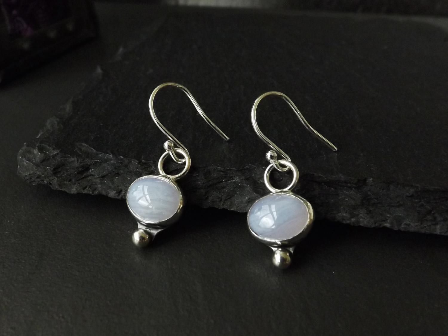 Blue Lace Agate Dangly Silver Earrings