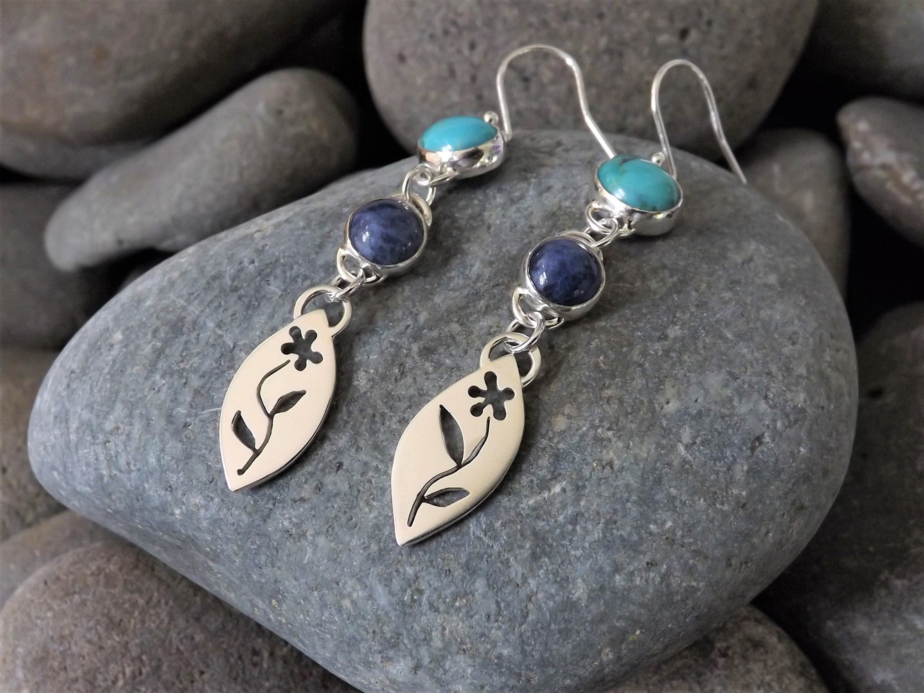 Trailing Jasmine Silver Turquoise & Blue Sodalite Dangly Earrings
