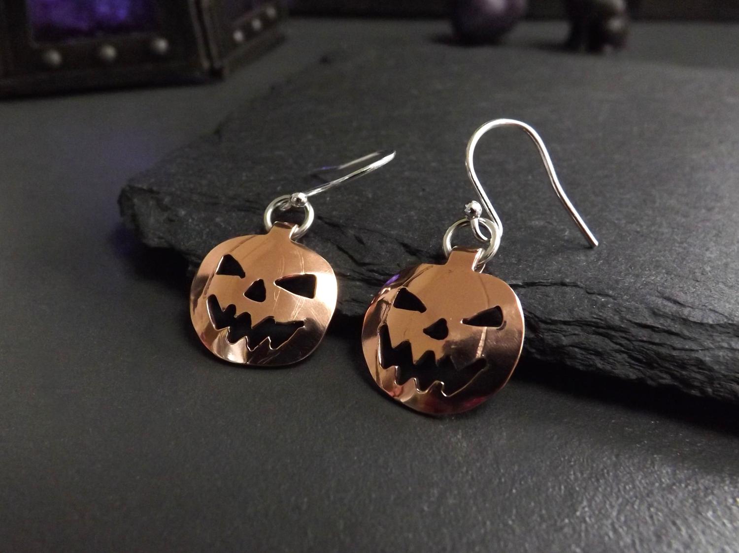 Copper Halloween Pumpkins on SIlver Dangly Earrings