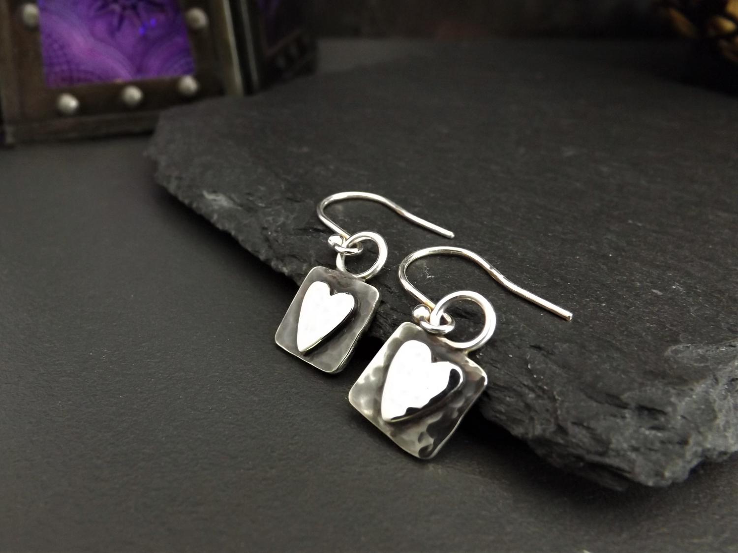 Hammered Hearts on Square Silver Dangly Earrings