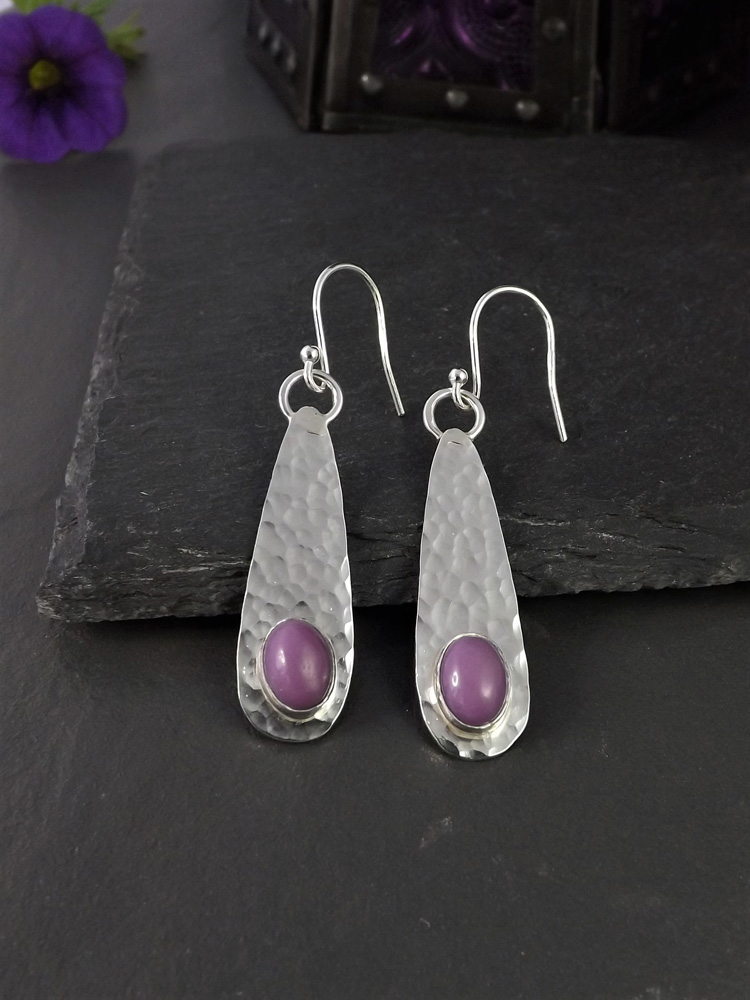 Pinky Purple Phosphosiderite on Hammered Silver Teardrop Long Dangly Earrings