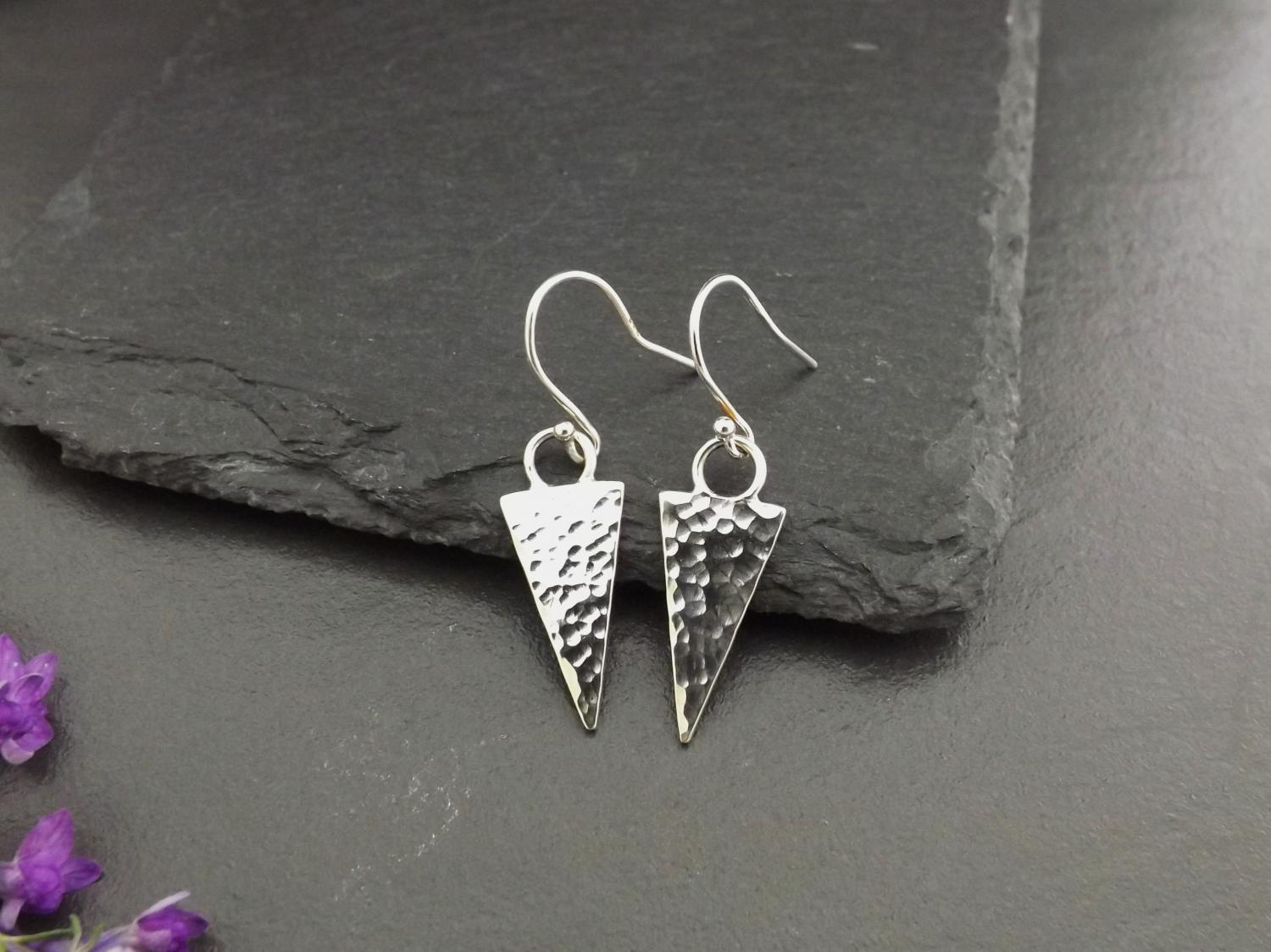 Triangle Hammered Silver Dangly Earrings