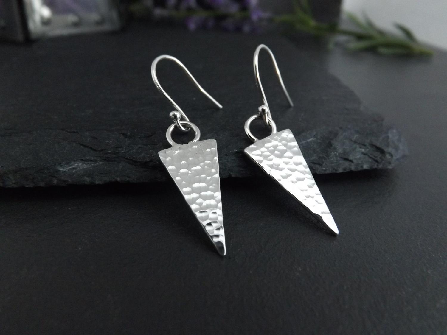 Triangle Hammered Silver Dangly Earrings