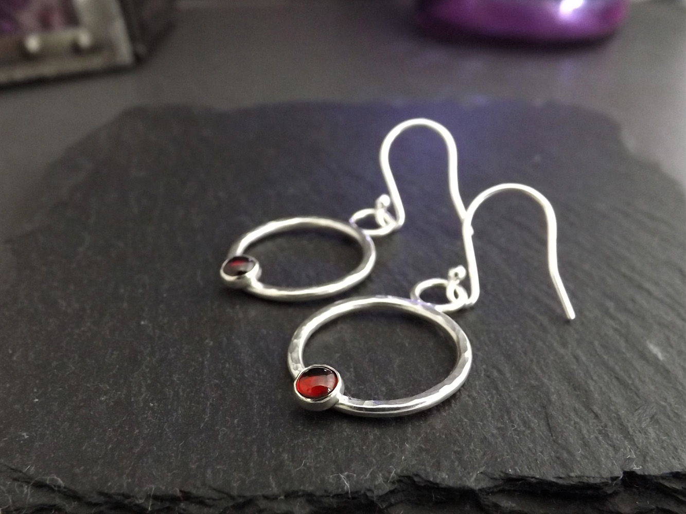 Garnets On Hammered Silver Hoops Dangly Earrings