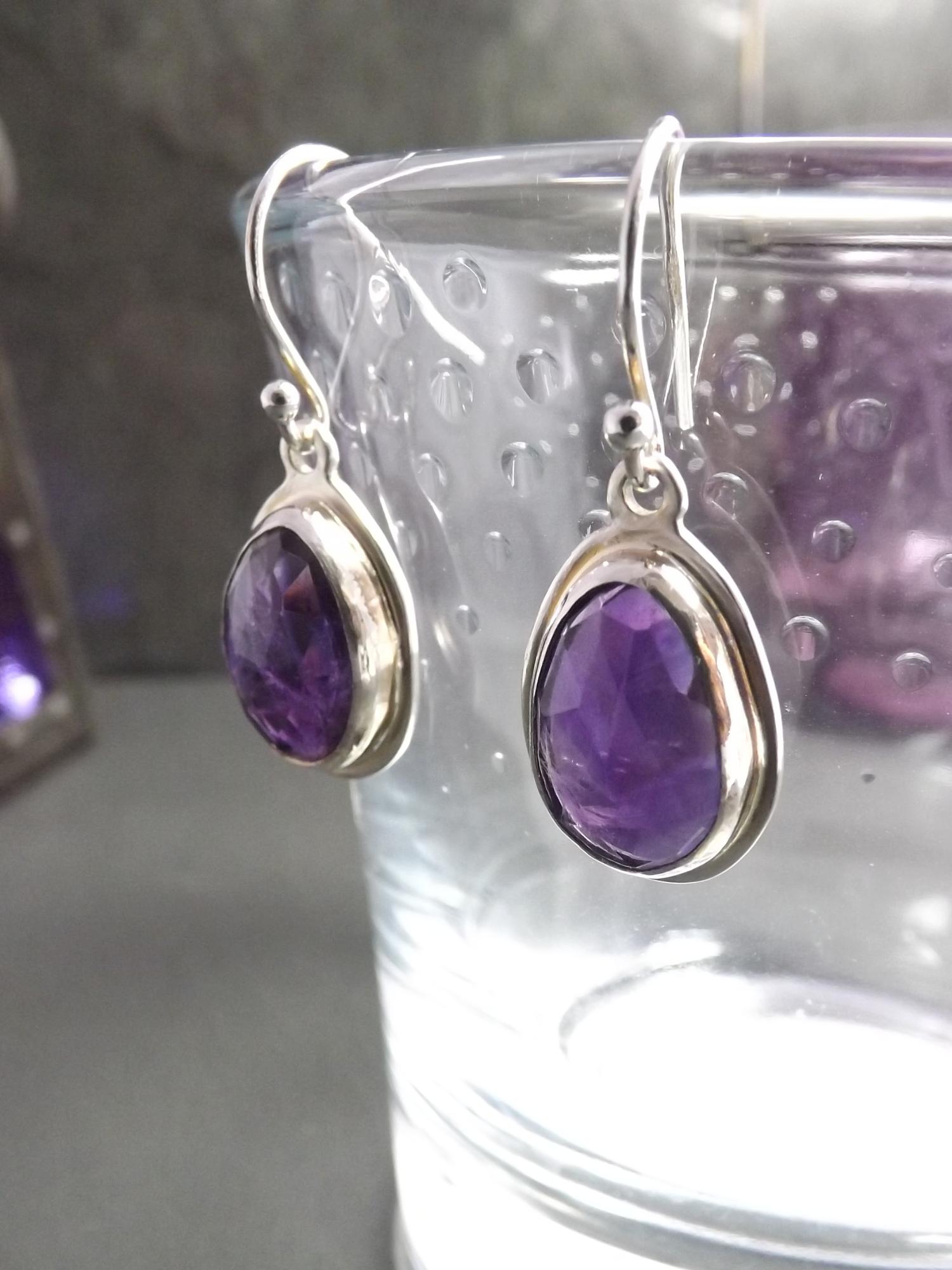 Amethyst Faceted Freeform Silver Dangly Earrings