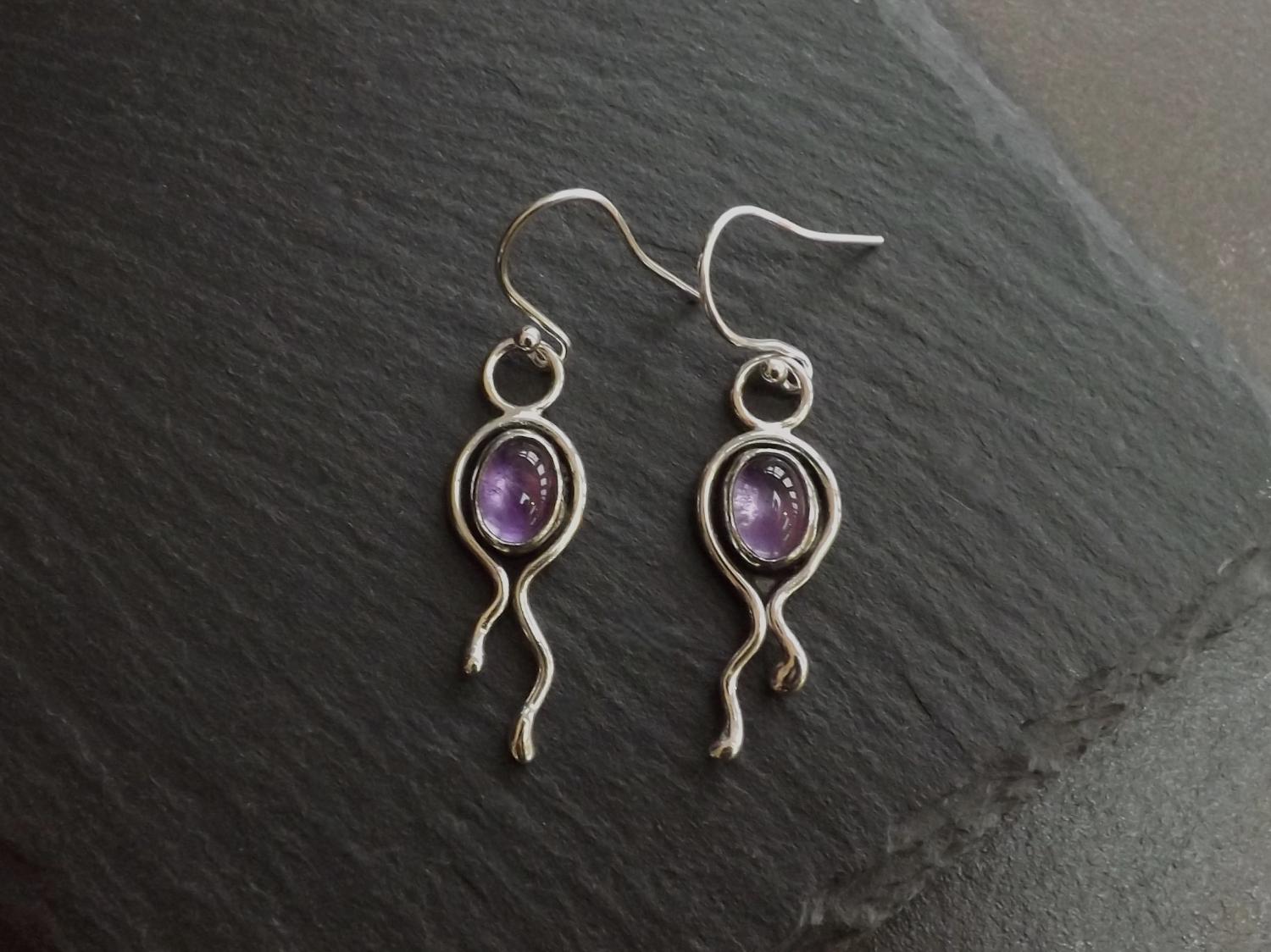 Amethyst Asymmetric Nouveau Organic Silver Dangly Earrings