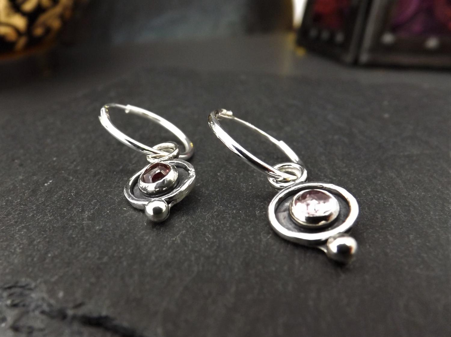 Pink Tourmaline in Silver Circle Earrings with Silver Balls on Sleeper Hoops
