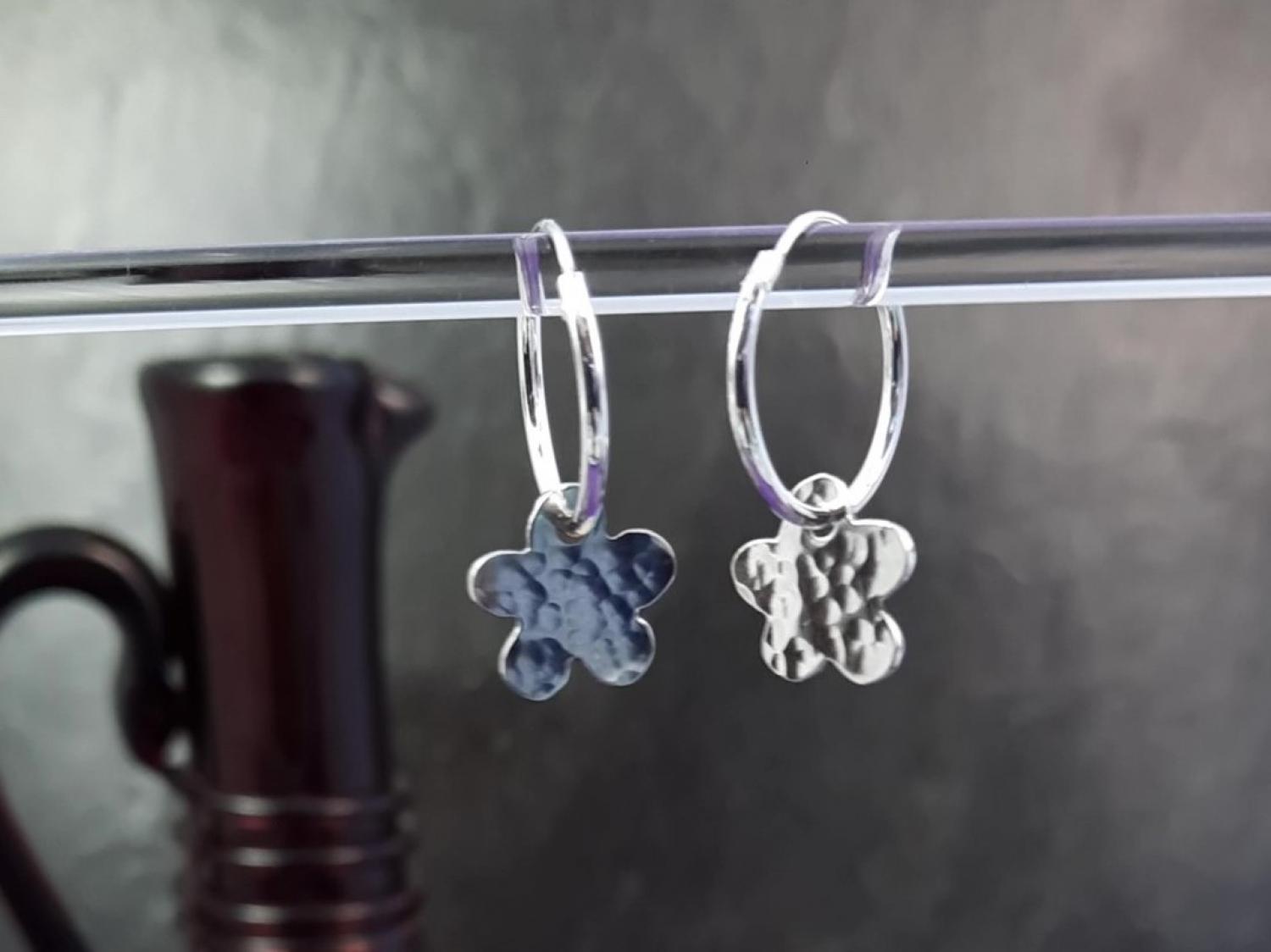 Flower Earrings, Hammered Silver Flowers on Sleeper Hoops