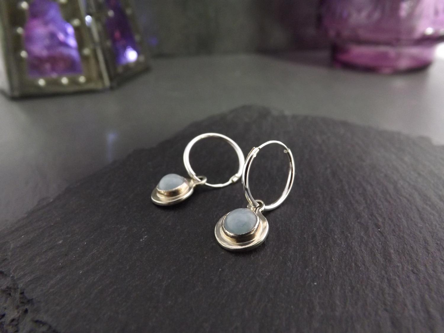 Aquamarine Silver Circles on Sleeper Hoop Earrings