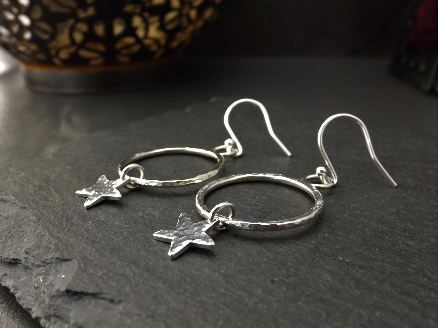Hammered Silver Stars on Silver Hoops Dangly Earrings