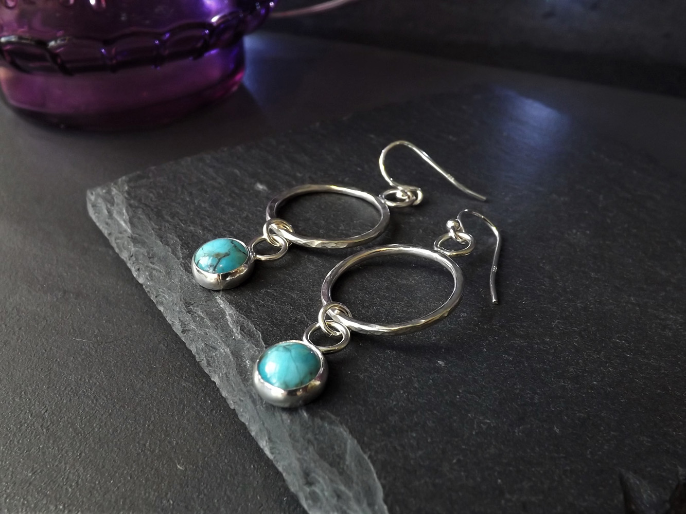 Turquoise Hammered Silver Hoops Dangly Earrings