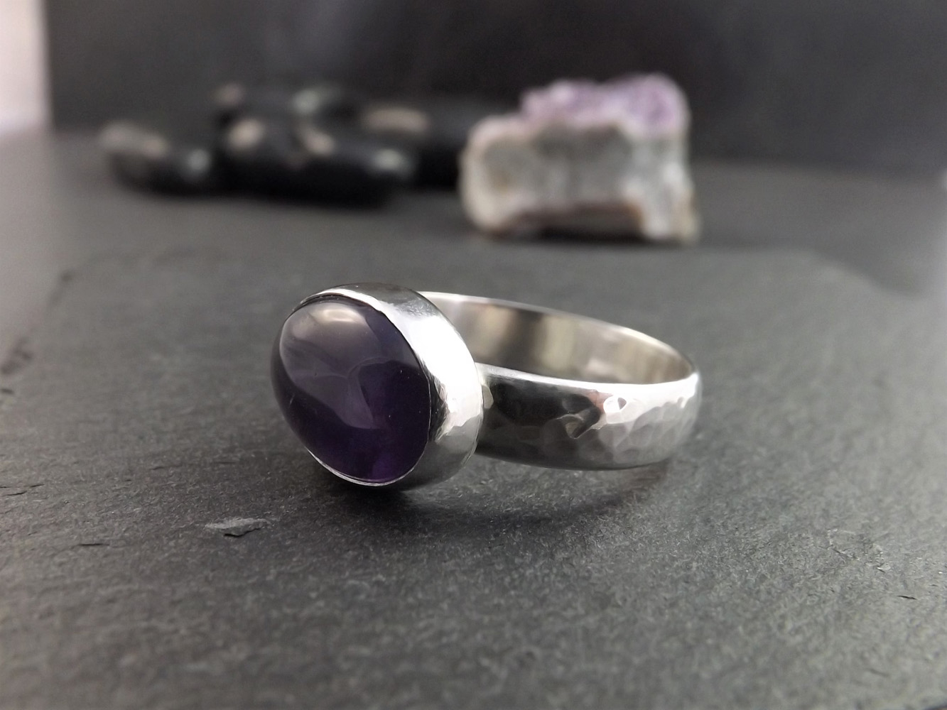 Amethyst Hammered Silver Ring size U