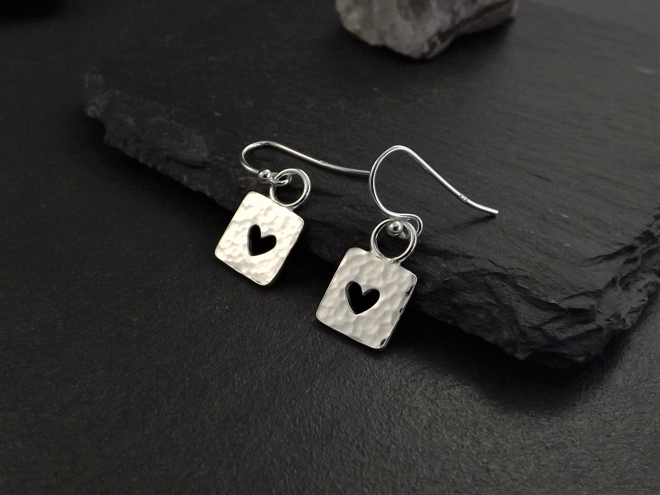 Square Cut Out Heart Silver Dangly Earrings