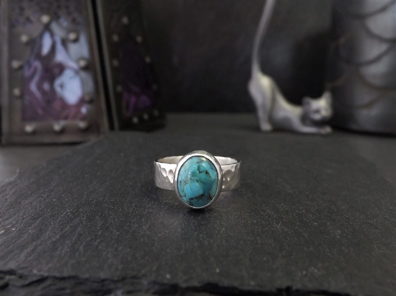 Turquoise Hammered Silver Ring size K