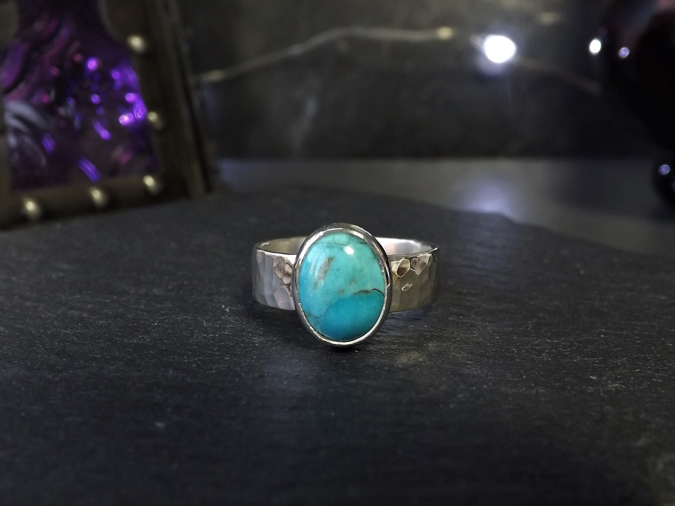 Turquoise Hammered Silver Ring size L