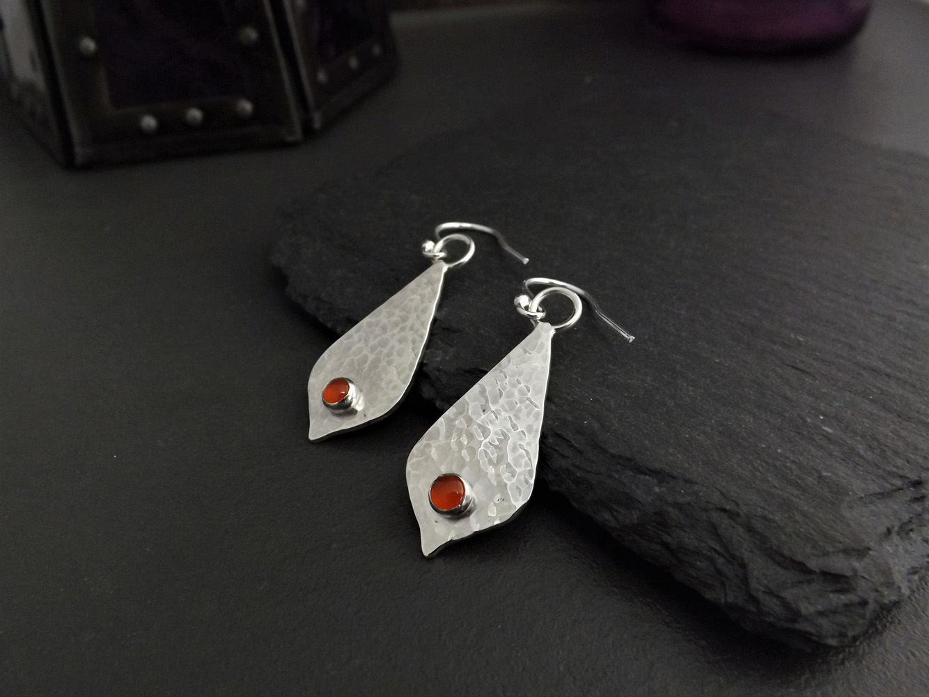 Imperial Carnelian Hammered Silver Dangly Earrings