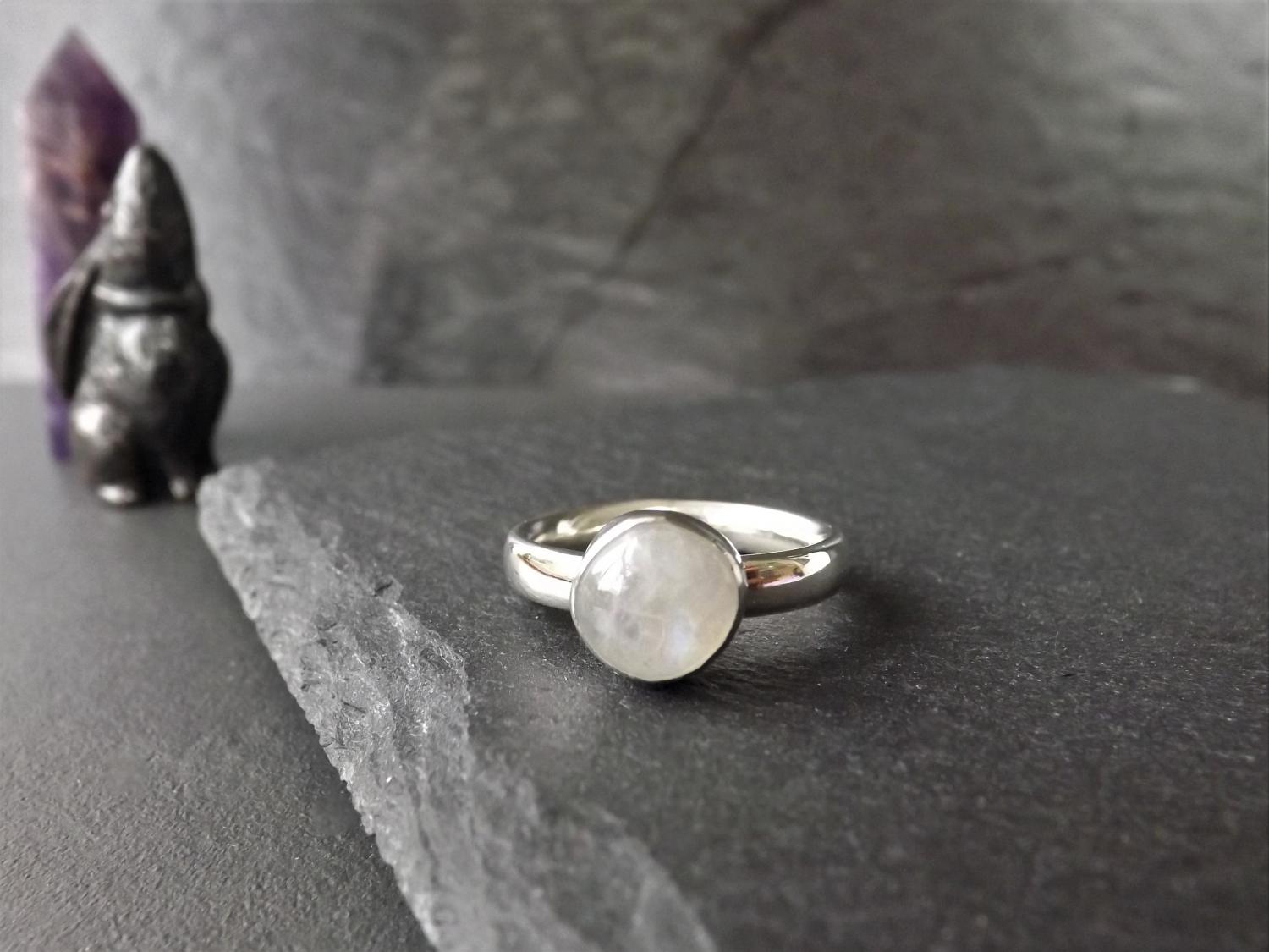 Rainbow Moonstone Silver Ring, size K