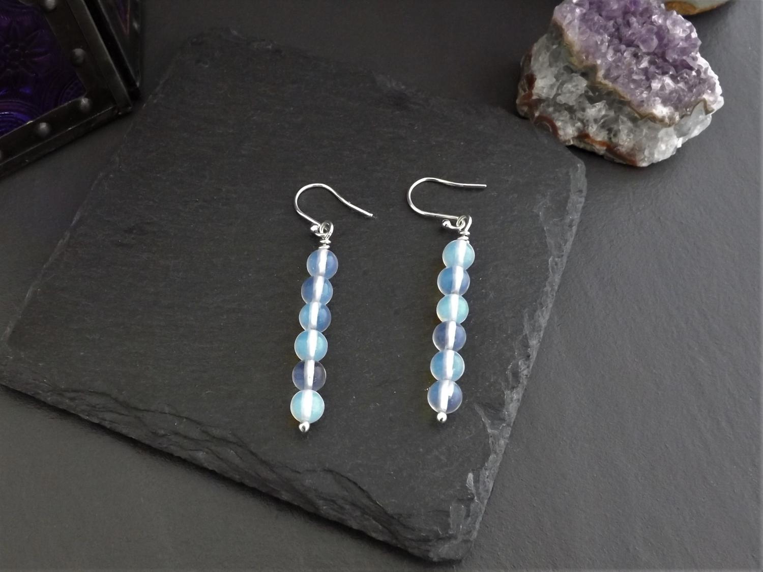 Moonstone Beads on Silver Wire Dangly Earrings
