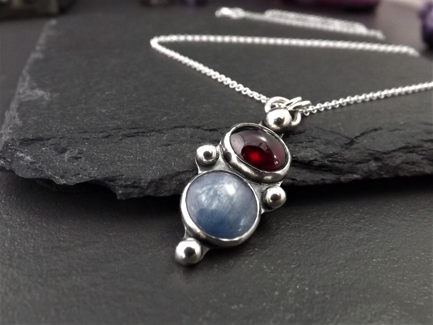 Gothic Kyanite and Garnet Silver Pendant Necklace