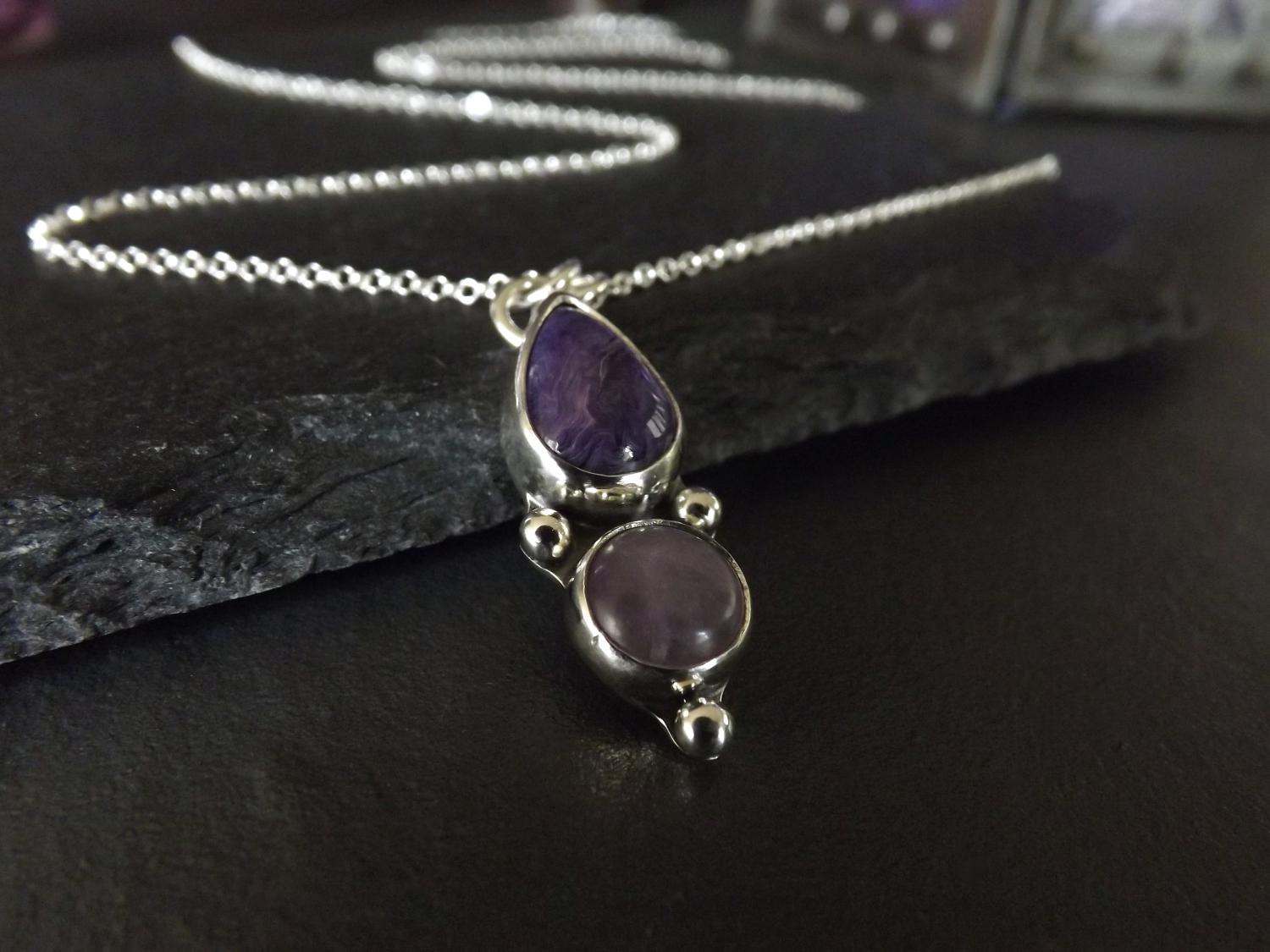 Gothic Charoite Teardrop and Lavender Amethyst Silver Pendant Necklace