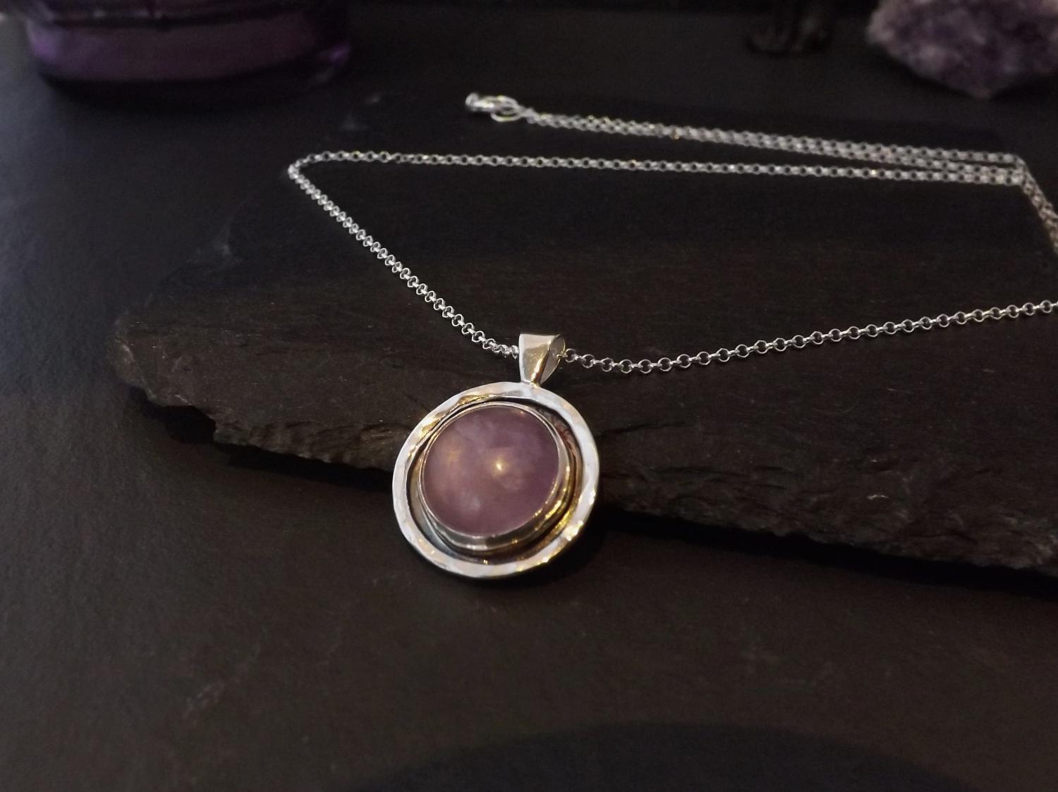 Lavender Amethyst in Hammered Silver Circle Pendant Necklace