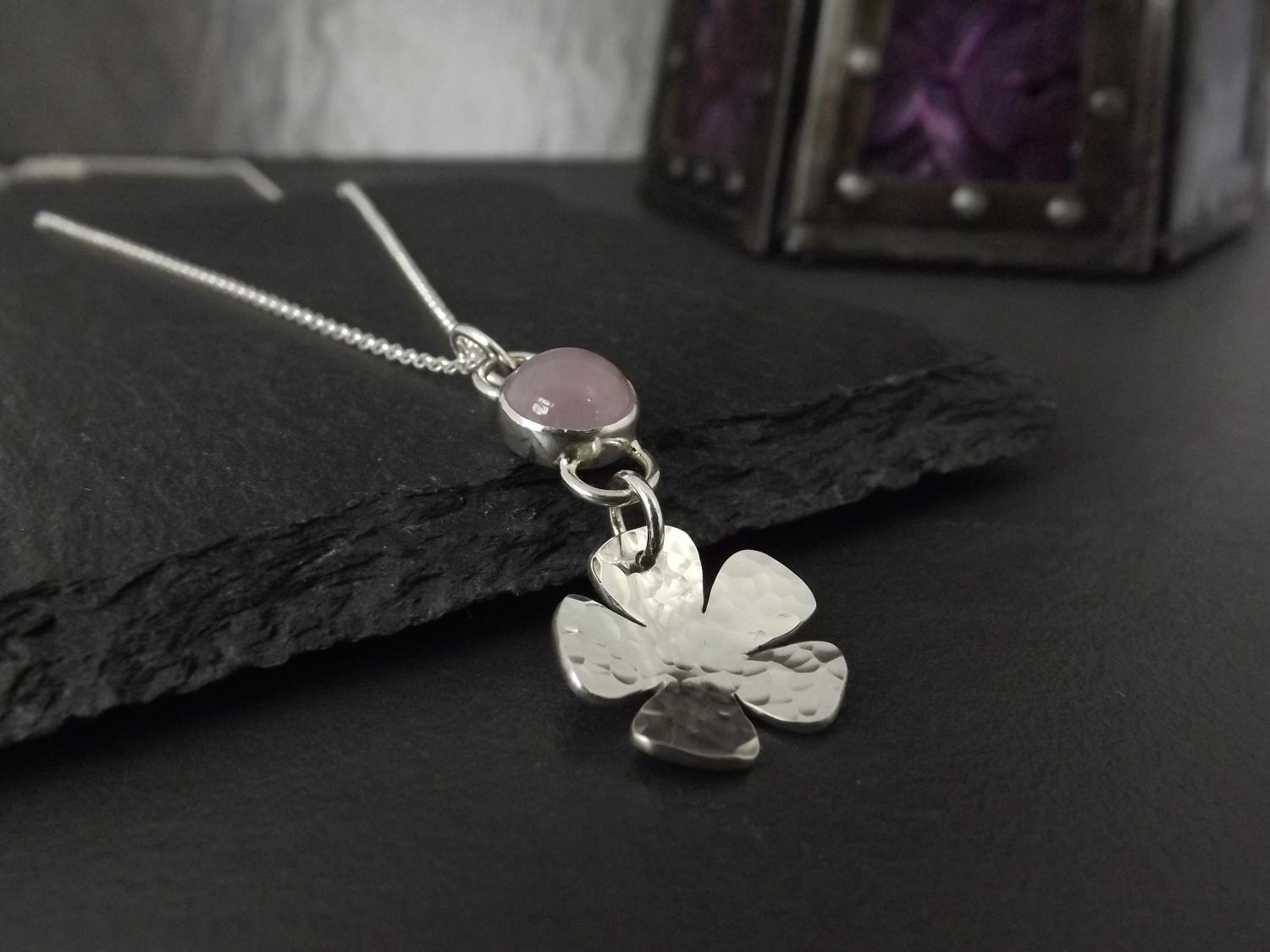 Pink Kunzite and Flower Hammered Silver Pendant Necklace