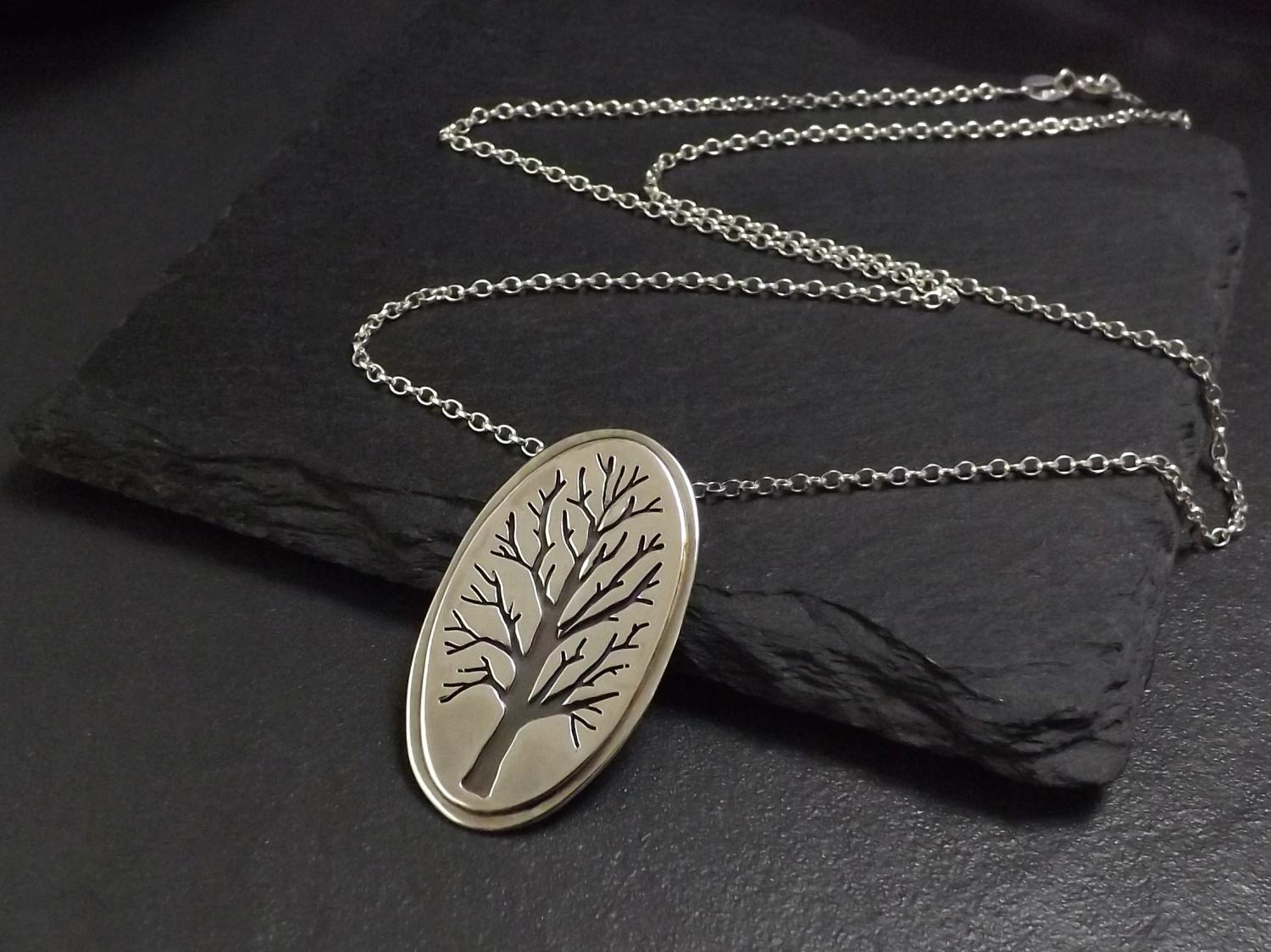 Oval Winter Tree Silver Pendant Necklace