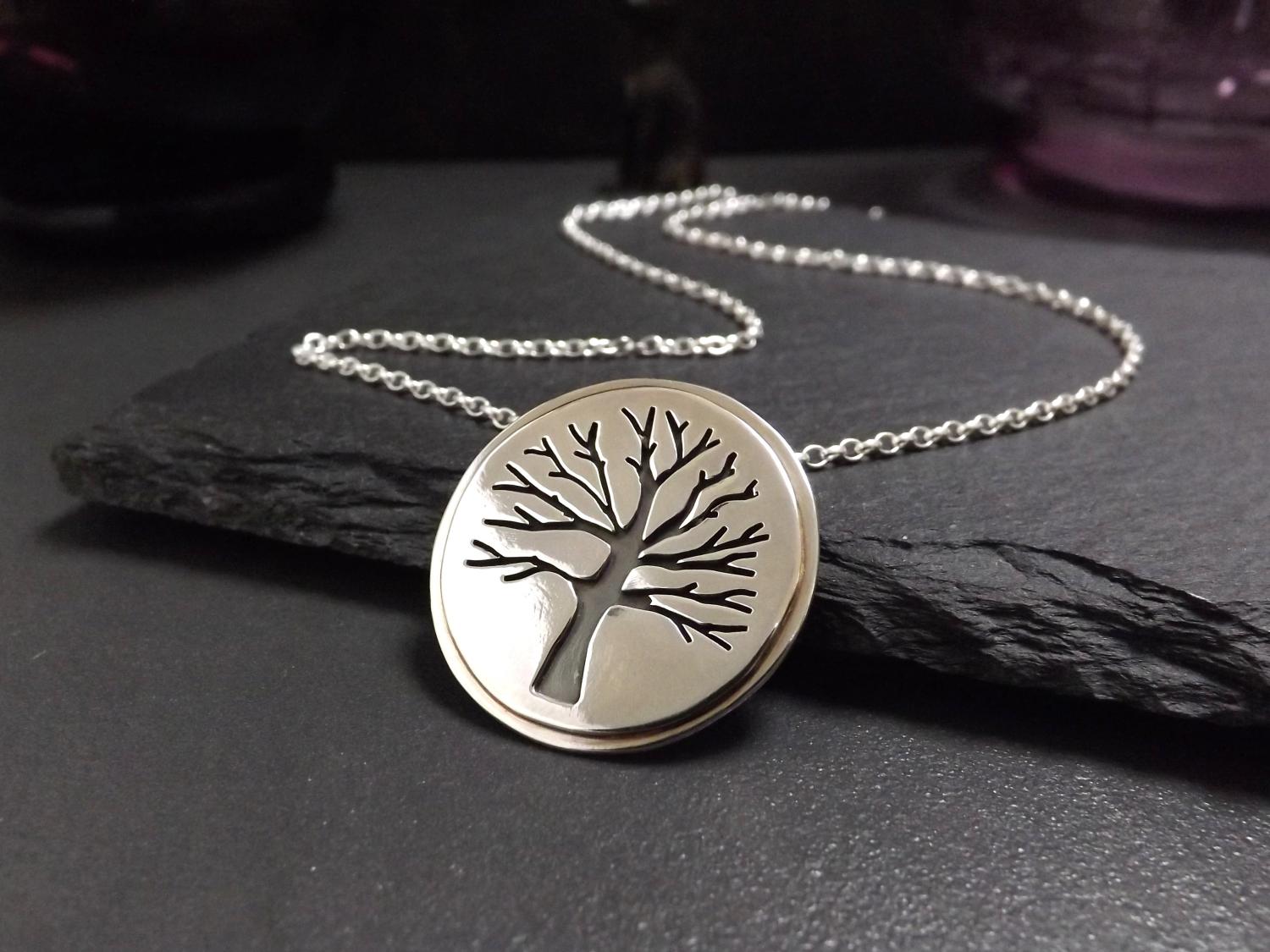 Round Winter Tree Silver Pendant Necklace