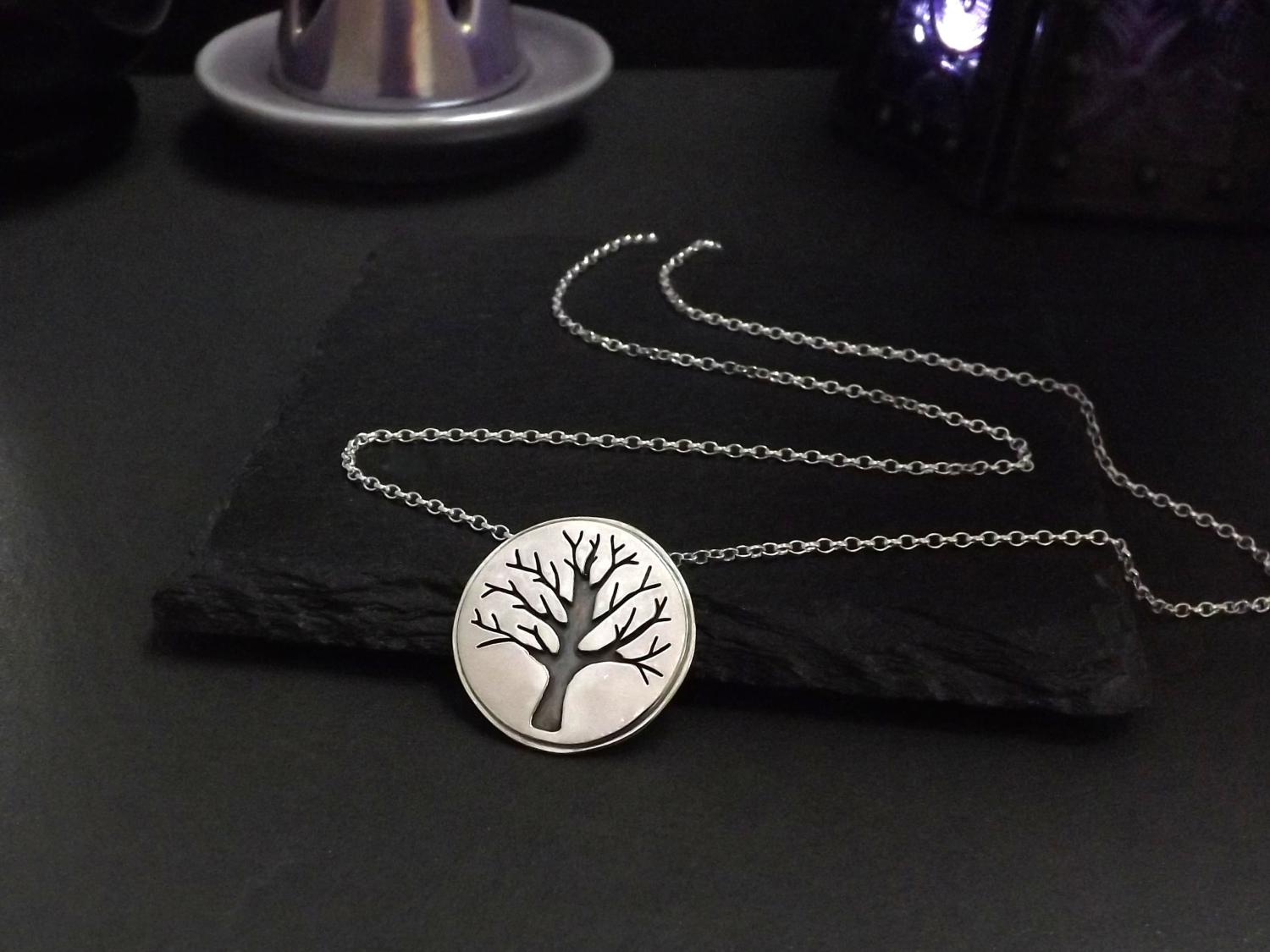 Round Winter Tree Silver Pendant Necklace