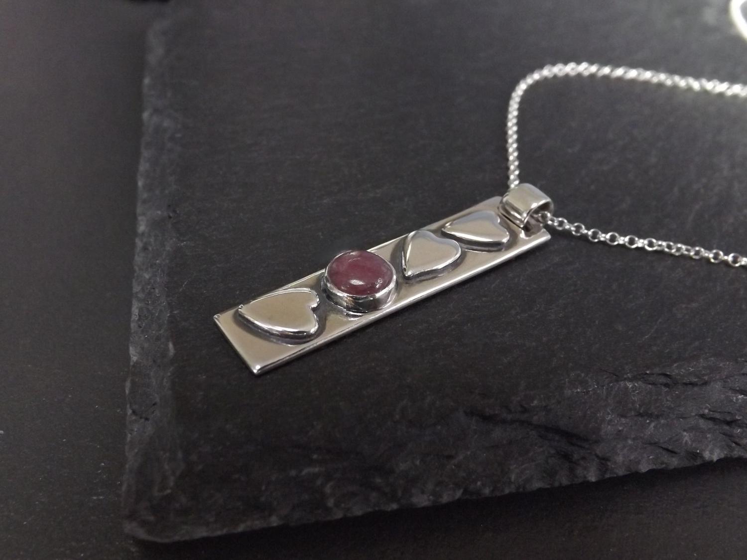 Pink Tourmaline Falling Hearts Pendant Necklace