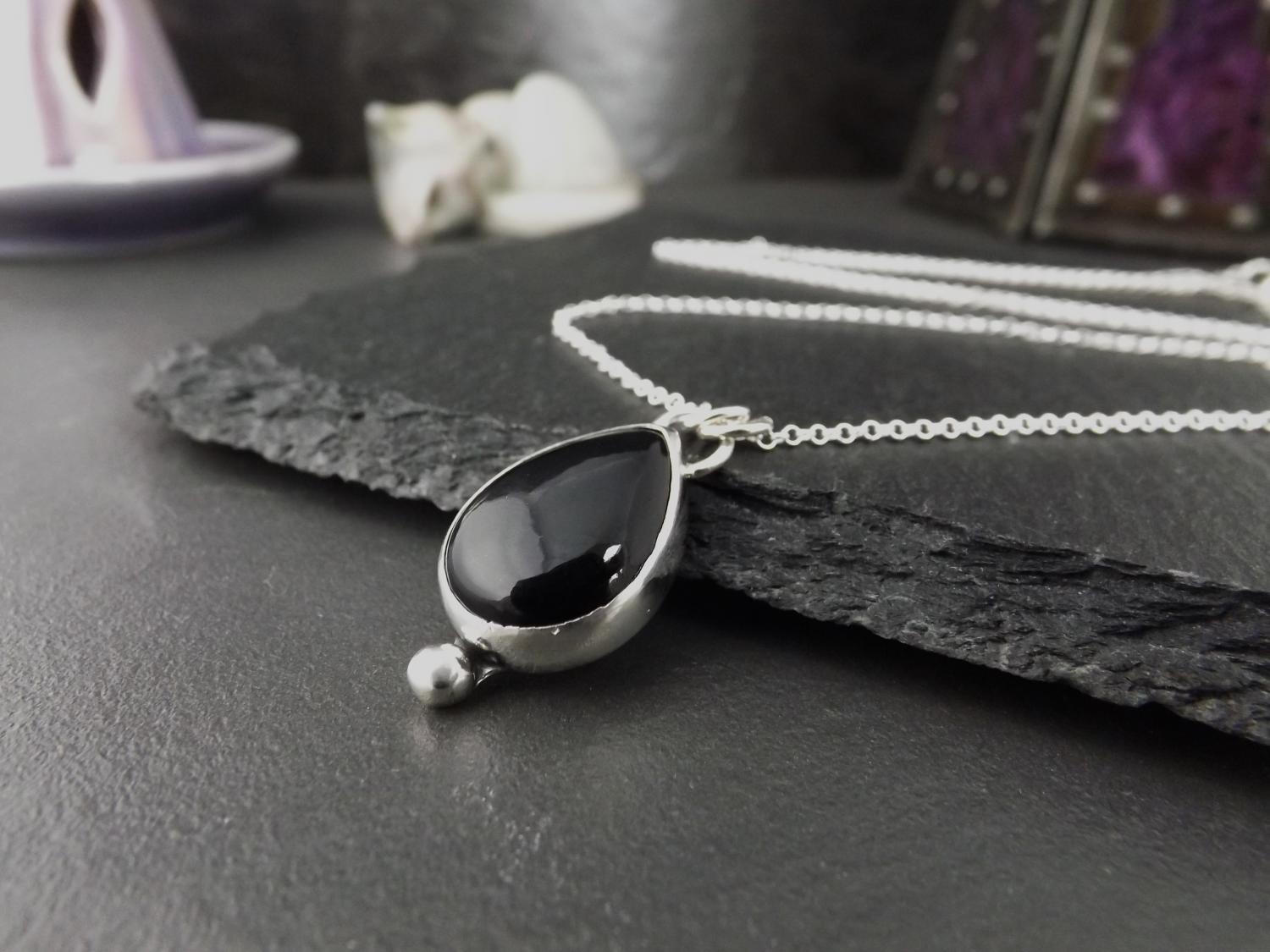 Black Obsidian Teardrop Silver Pendant Necklace
