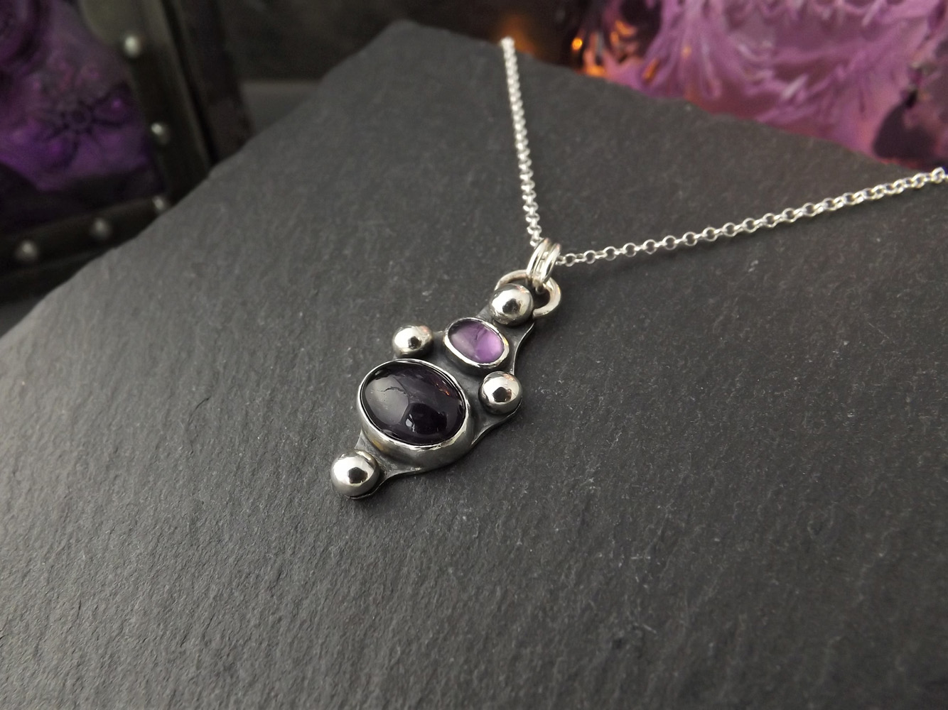 Gothic Amethyst Silver Pendant Necklace on 16