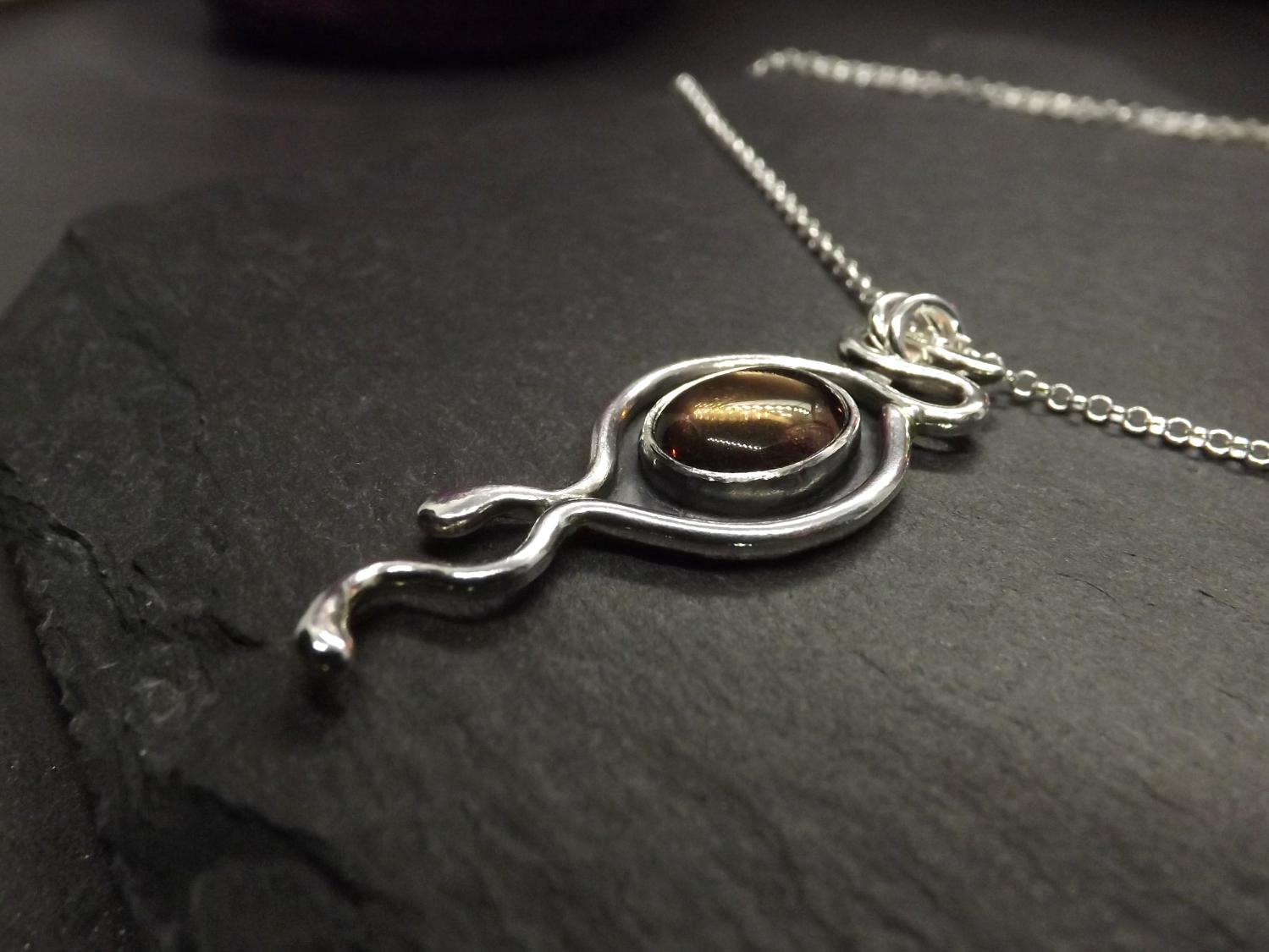 Smoky Quartz Nouveau Organic Silver Pendant Necklace