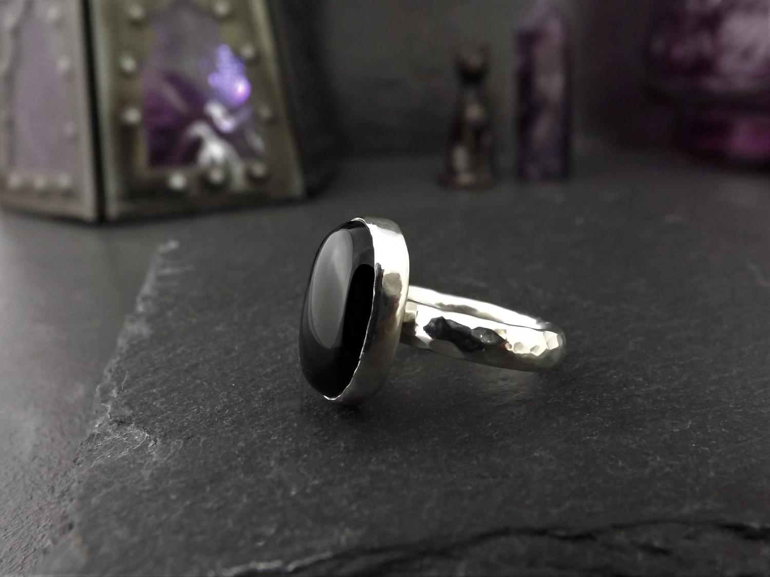 Black Onyx Hammered Silver Ring, size F