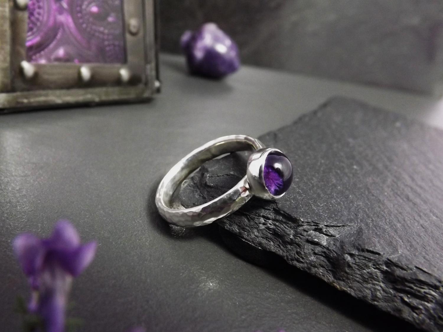 Amethyst Hammered Silver Ring, size N