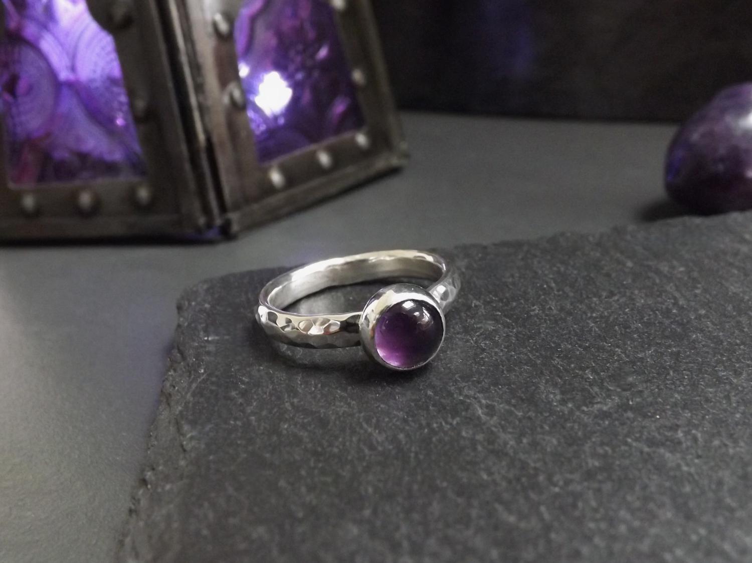 Amethyst Hammered Silver Ring - size N