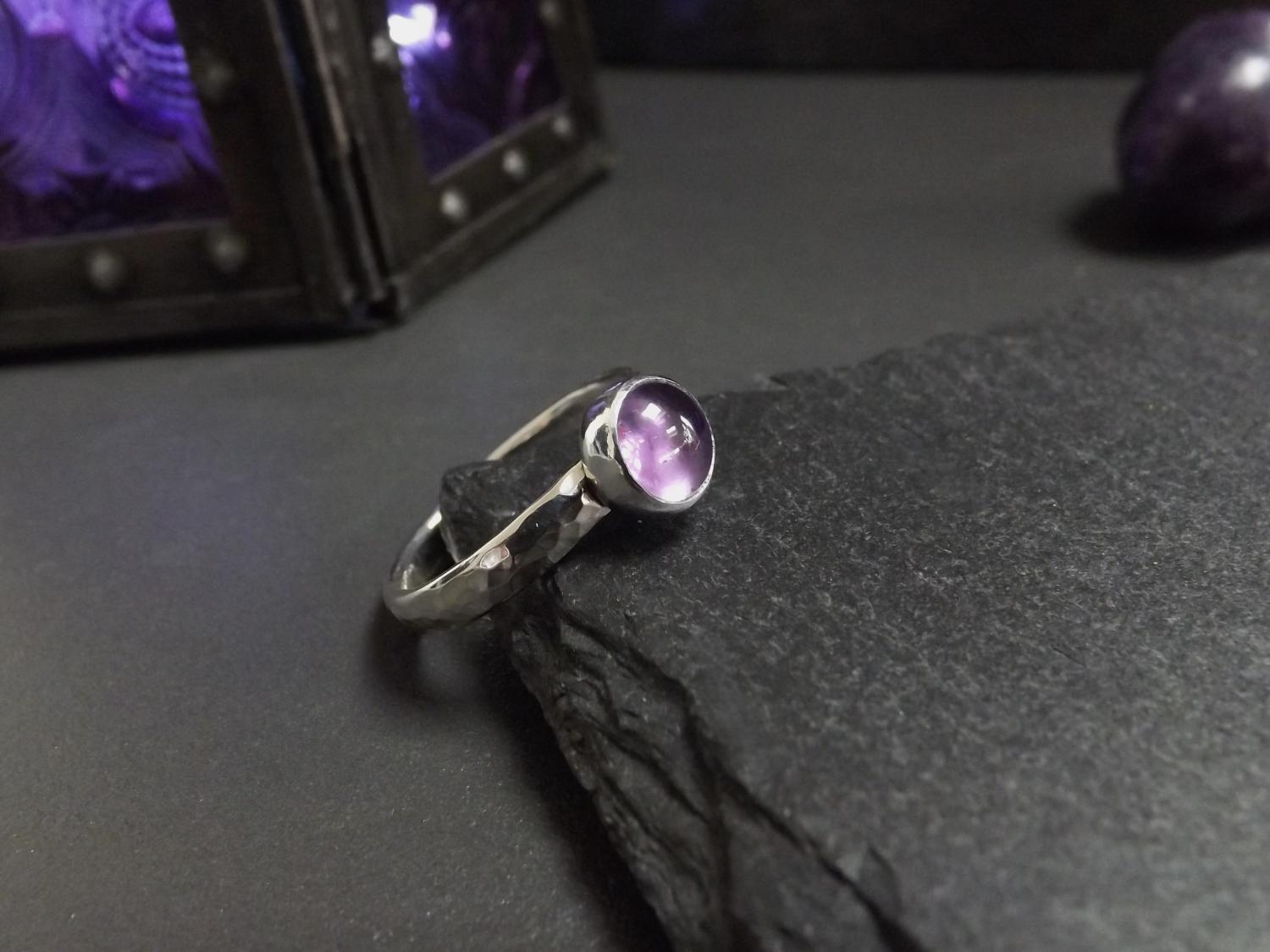 Amethyst Hammered Silver Ring - size O