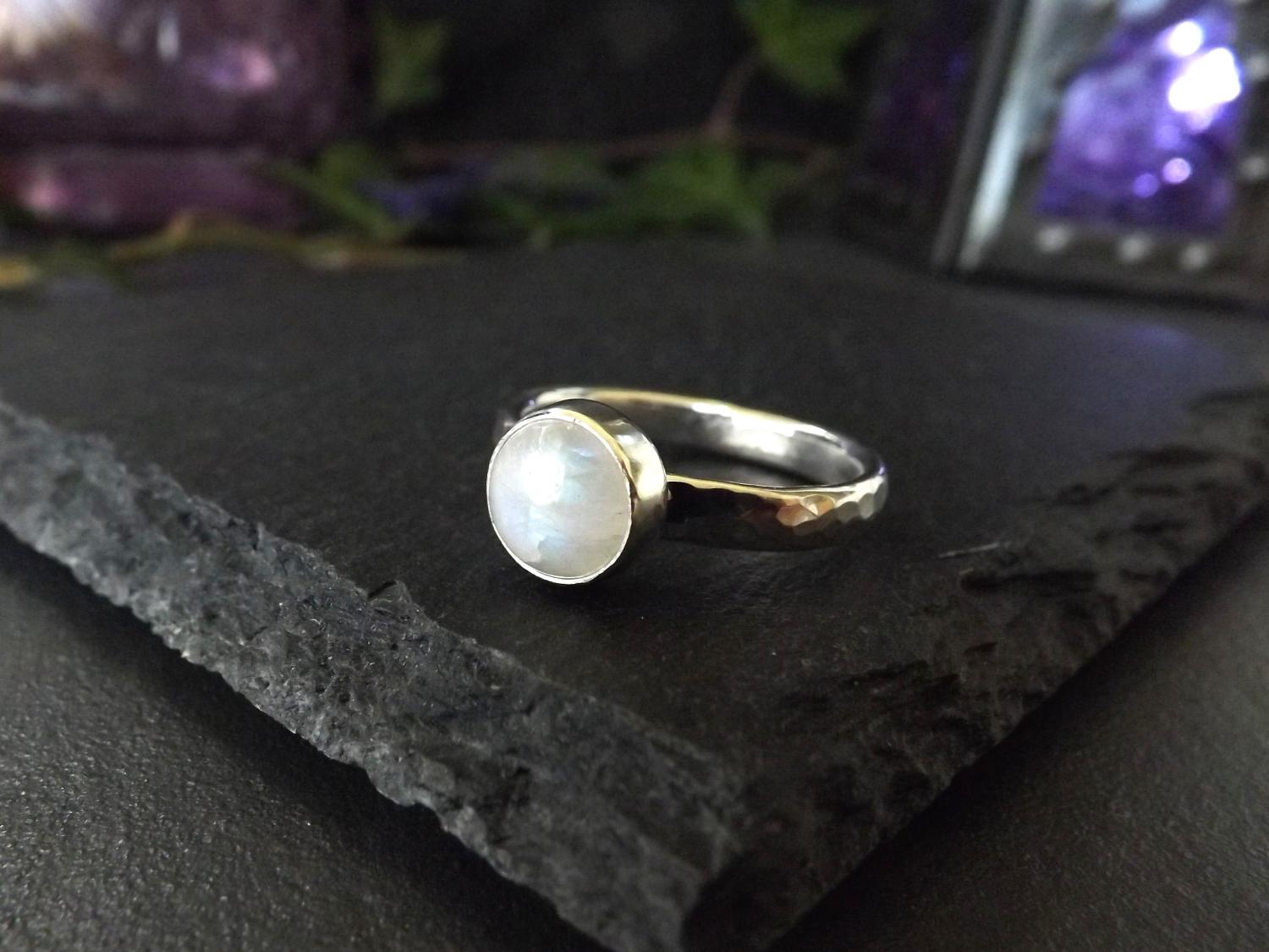Rainbow Moonstone Hammered Silver Ring - size Q