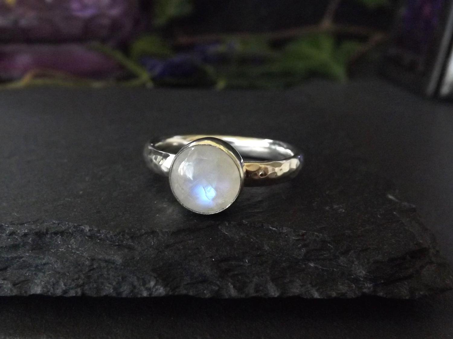 Rainbow Moonstone Hammered Silver Ring - size S