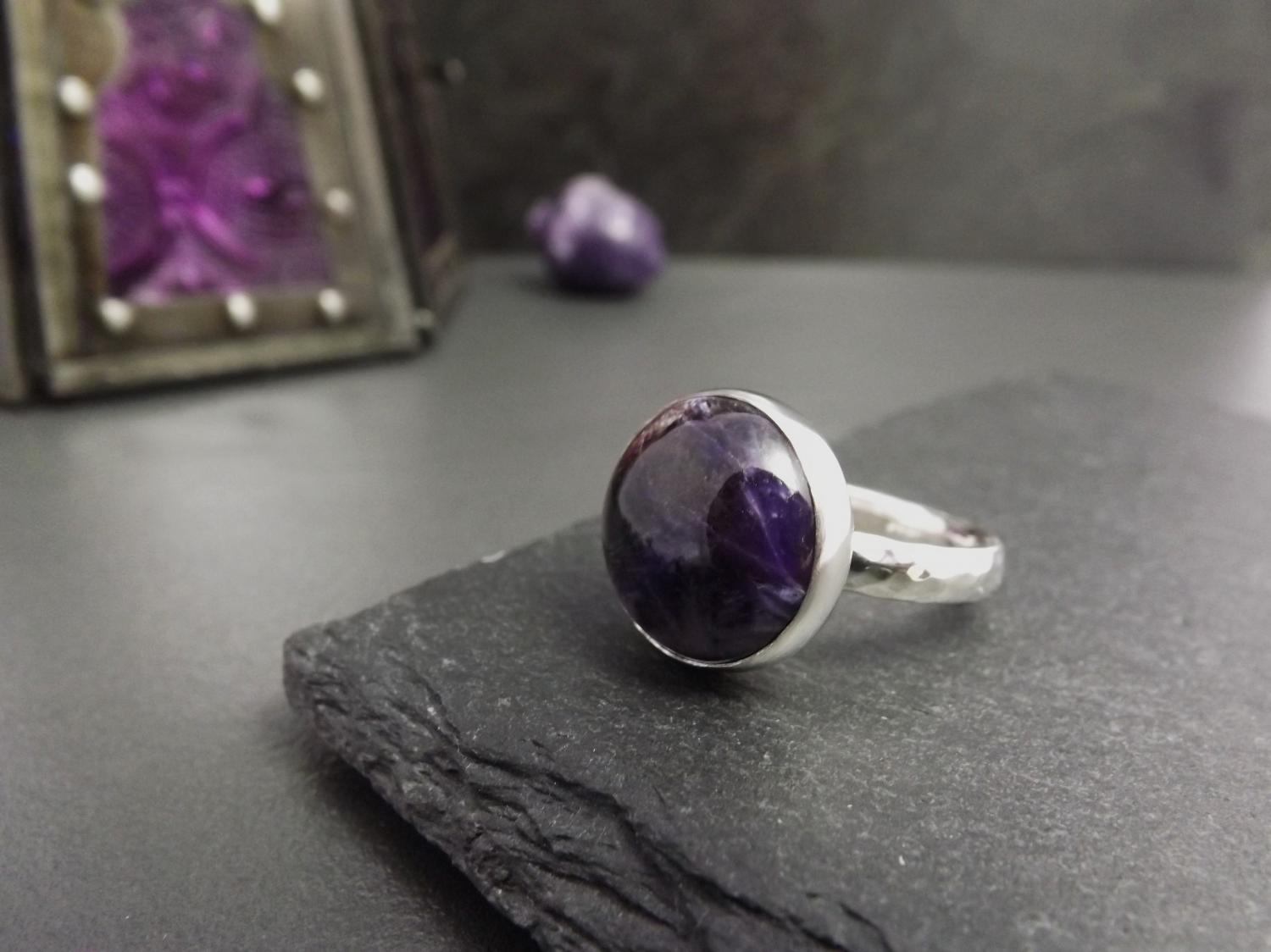 Charoite Hammered Silver Statement Ring, size N
